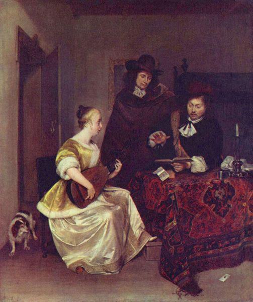 Gerard ter Borch the Younger A Woman playing a Theorbo to Two Men Sweden oil painting art